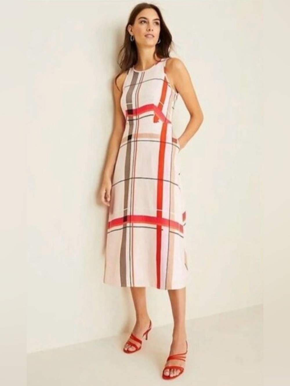 Ann Taylor Cream Midi Dress with Red and Tan Plaid